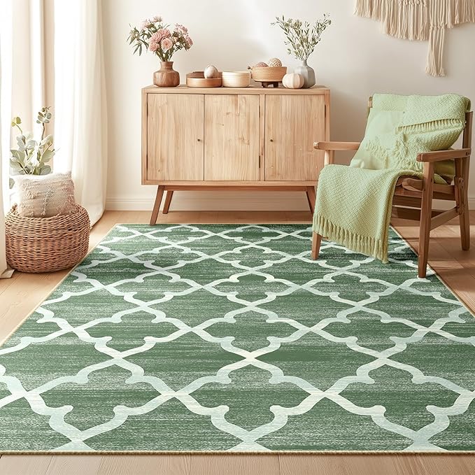 Area Rug 4x6, Moroccan Trellis Print Carpet, Machine Washable Non-Slip Rugs for Living Room, Bedroom, Dining Room & Entryway, Green