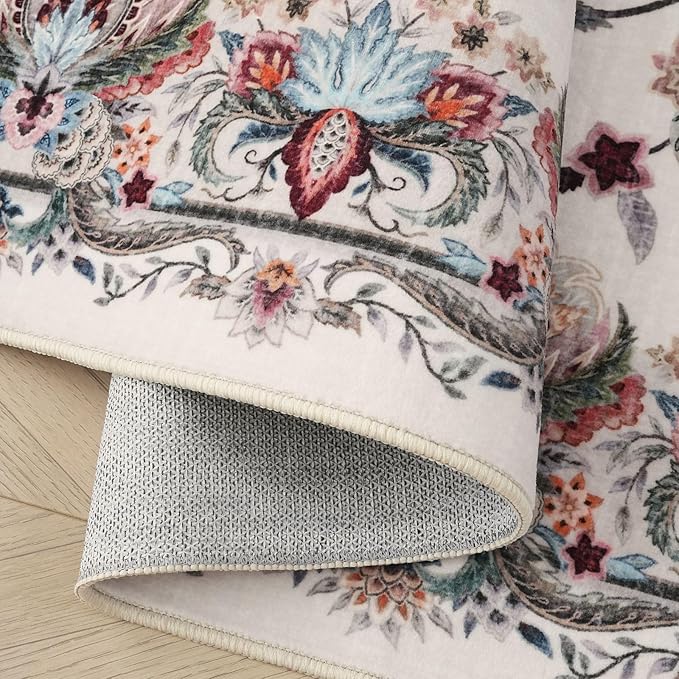 Rugcomf Vintage Paisley Runner Rug 2'7"x8' - Machine Washable, Non-Slip Low Pile Floral Carpet for Kitchen, Laundry, Bedroom, Bathroom - Beige