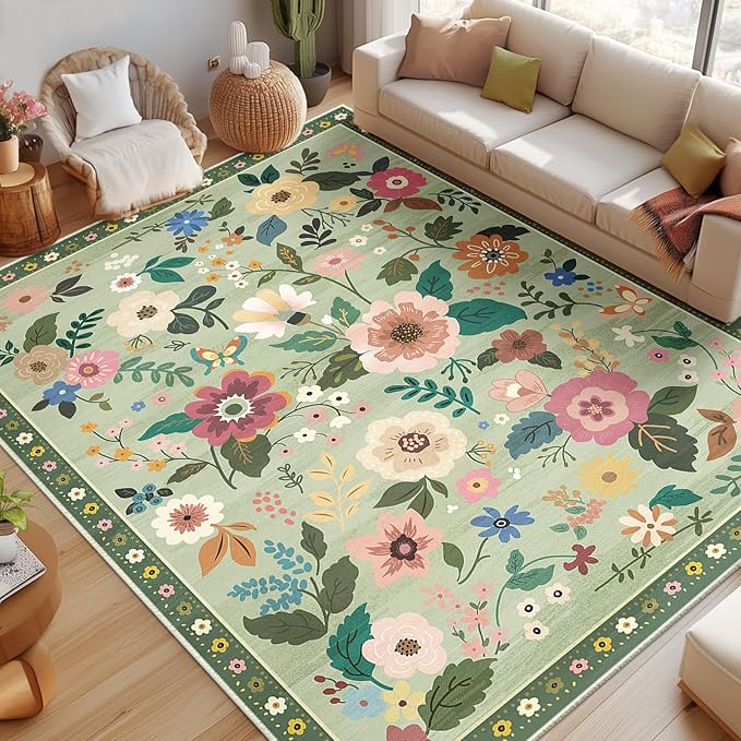 Floral 9x12 Area Rug Machine Washable Soft Print Boho Carpet Non Slip Doormat Low Pile Flower Area Rugs for Living Room Bedroom Nursery Kitchen Dining Room Indoor-Light Green