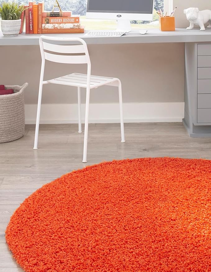 Unique Loom Solid Shag Collection Area Rug (7' 1" Round, Tiger Orange)