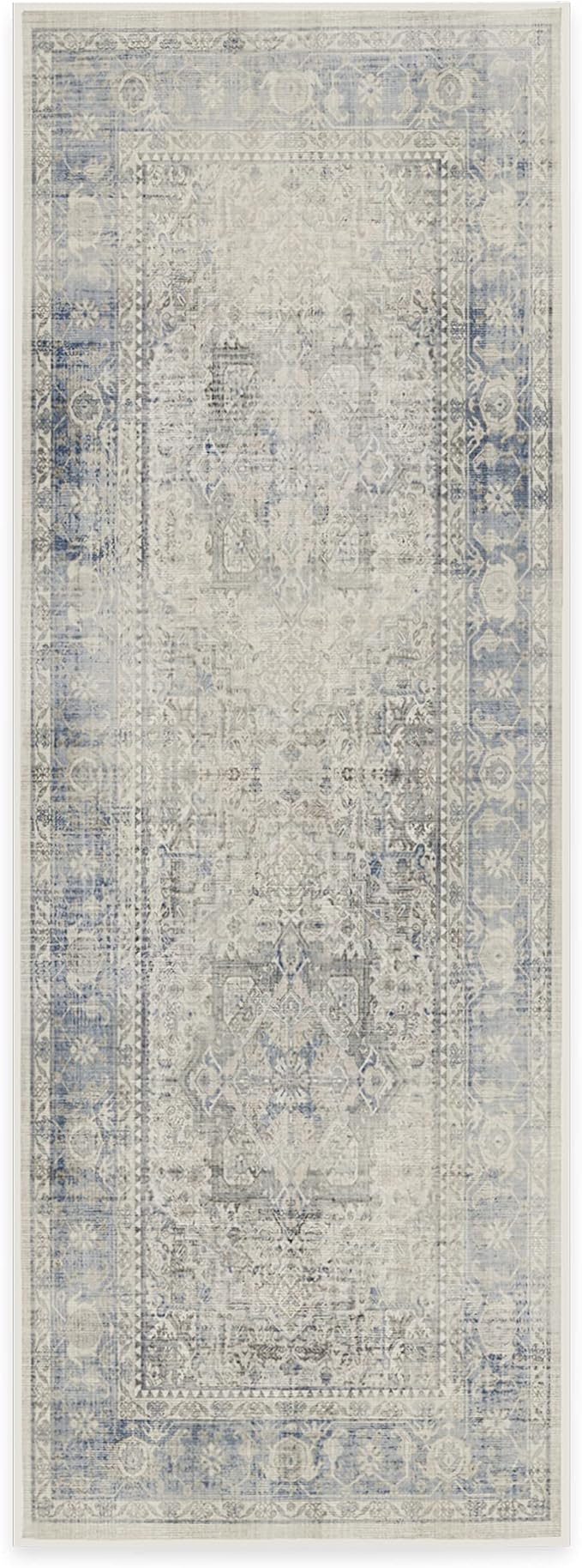 RUGGABLE Washable Vintage Runner Rug – Kamran Blue Quartz 2.5x7, Stain-Resistant, Non-Slip Hallway Runner – Machine Washable Rug for Hallway, Entryway, Living Room & Kitchen–with Standard Pad
