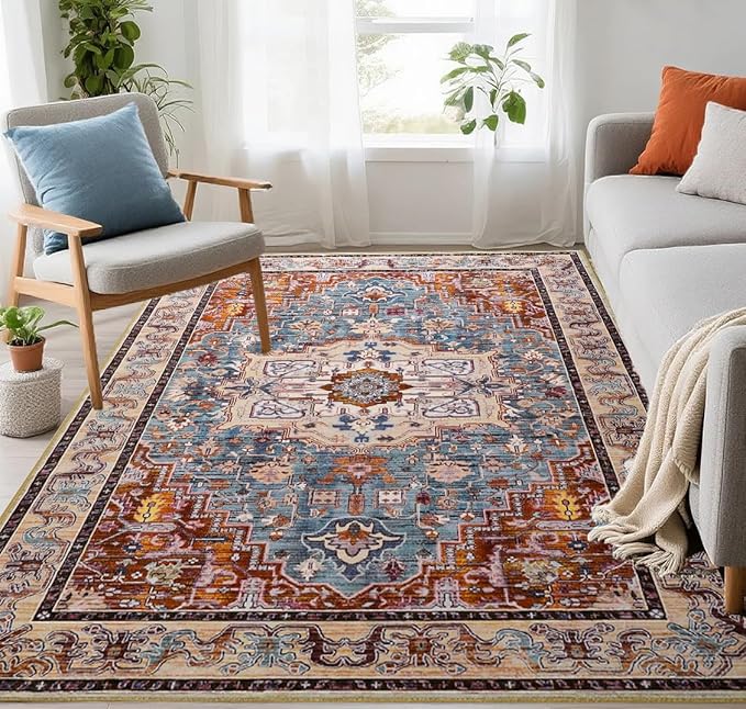 Washable Area Rugs 5x7, Low Pile Soft Vitnage Distressed Rug for Bedroom, Living Room, Dining Room, Non-Slip, Low Pile, Rust Brown