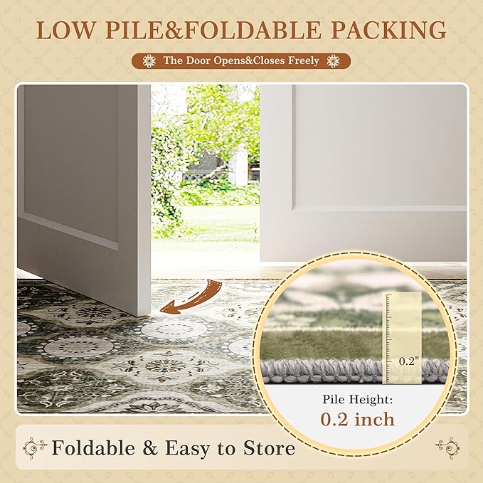 EnHomee 8x10 Area Rug, Soft Washable Rugs for Living Room Bedroom, Boho Non Slip Low Pile Stain Resistant Washable Rug Large Area Rugs for Dining Room,Easy to Clean Living Room Rug, Green