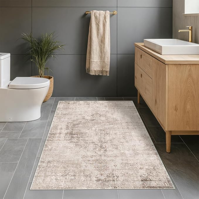 Washable Beige Brown Rugs for Entryway Indoor - 3x5 Throw Rug for Large Kitchen, Bedroom Bedside, Bathroom, Mudroom, Mordern Abstract Medallion Light Brown Décor, Non Slip Low Pile Fade Resistant