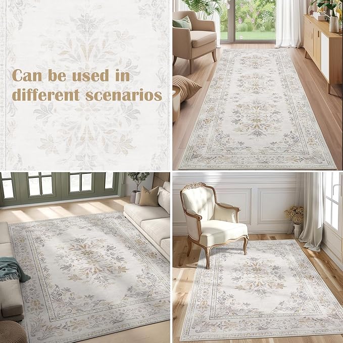 jinchan Hallway Runner Rug 2x10 Vintage Floral Distressed Design - Machine Washable Non-Slip Low-Pile Soft Thin Faux Wool Kitchen Carpet for Farmhouse Bedroom Laundry Room(2x10ft, Light Grey)