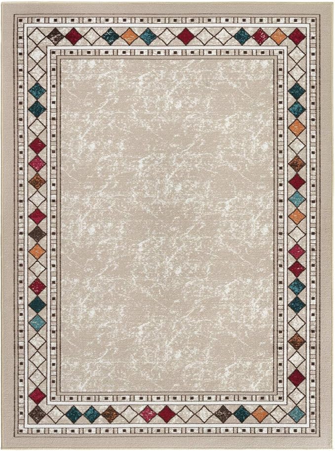 Antep Rugs Alfombras Modern Bordered 5x7 Non-Skid (Non-Slip) Low Profile Pile Rubber Backing Indoor Area Rugs (Beige, 5' x 7')
