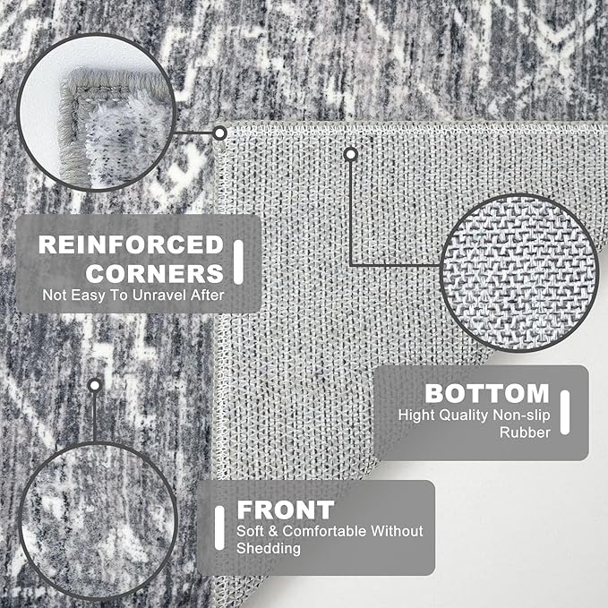 KILOCOCO Hallway Runner Rug 3'x8' Runners for Hallways Washable Runner Rug Non Slip Rubber Backed Low-Pile Runners for Bedroom Kitchen Living Room Laundry Room Boho Rugs, Grey