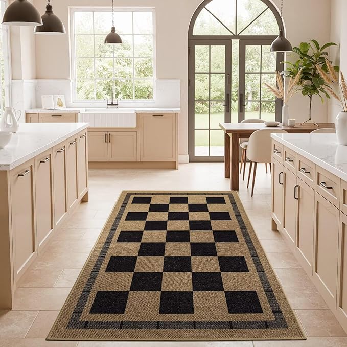 Vasofe 3x5 Plaid Rug, Jute Rugs, Washable Outdoor Indoor Checkered Carpets, Entryway Bedroom Potio Porch Kitchen Carpet, Non Slip Farmhouse Neutral Office Laundry Floor Mat, Black and Brown