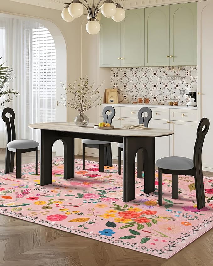 Boho Washable Area Rug 6x9 for Living Room, Bedroom, Office, Playroom, Kitchen or Dining Room, Soft Floral Carpet for Indoor Use, Easy Care Non-Slip Design (Pink)
