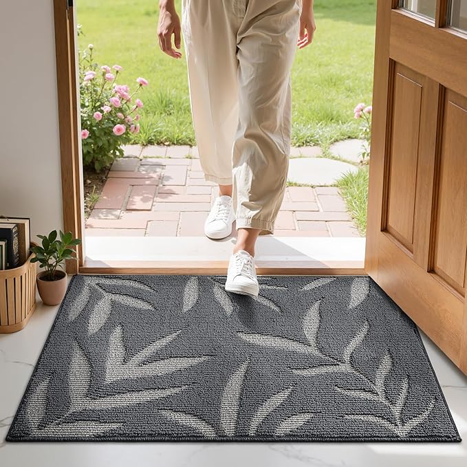 LUMI Indoor Door Mat 32x48, Washable Front Doormat with Welcome Leaf Pattern, Non-Slip Rubber Back Absorbent Mats for Entrance, Patio, Garage, Dark Grey