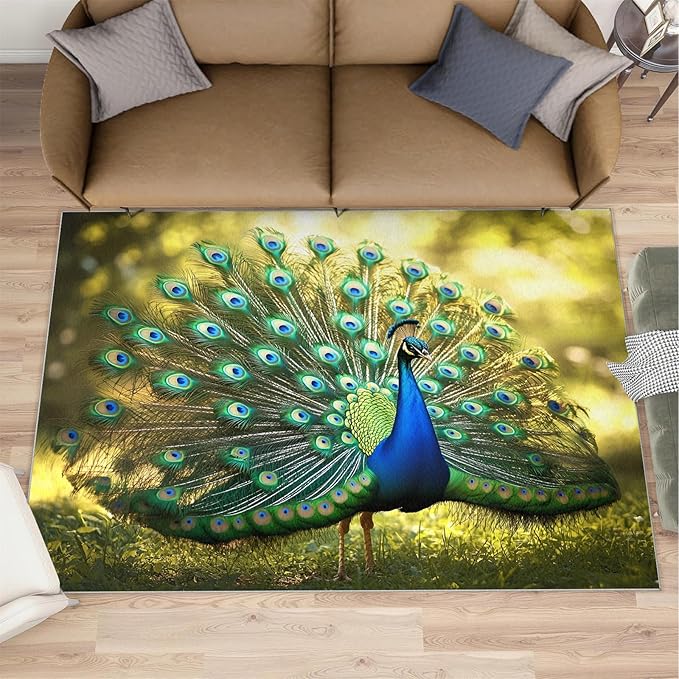 Peacock Rug 5x8-5x8 Rug, Wonderful Peacock Area Rugs for Bedroom, Nature Rugs for Living Room, Modern Style Washable Mat, Aesthetics Carpet - Peafowl Home Decor & Gifts