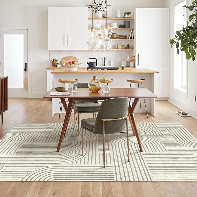Washable Area Rug 5x7 - Boho Living Room Rug Soft Indoor Carpet Ultra-Thin Sage Green Modern Abstract Rainbow Rugs for Bedroom Dining Room Nursery Classroom Home Decor