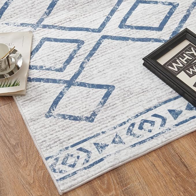 jinchan Moroccan Runner Rug 2x6 - Kitchen Machine Washable Runner Rug Modern Geometric Soft Low-Pile Lightweight Non-Slip Carpet for Entryway Hallway Laundry Room Bedroom Farmhouse (2x6ft, Blue)