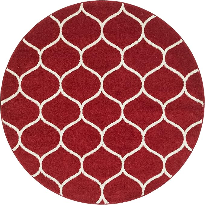 Rugs.com Lattice Frieze Collection Rug – 5' Round Red Medium Rug Perfect for Kitchens, Dining Rooms