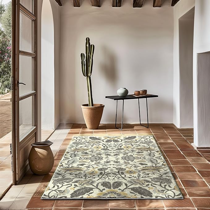EVERGRACE Area Rugs for Living Room 3x5, Boho Floral Faux Wool Indoor Outdoor Rugs, Washable Rugs for Bedroom Entryway Dining Room Hallyway, Low Pile Floor Mat Carpet for Home Decor, Gray