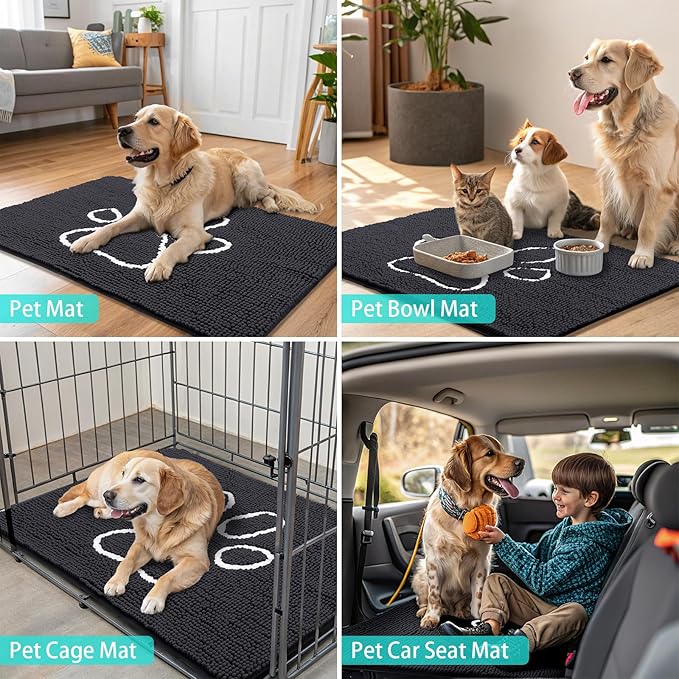 Smiry Dog Door Mat for Muddy Paws, Absorbent Dirt Trapper Non Slip Quick Dry Washable Chenille Mat for Mud Dogs, Entry Rug for Indoor and Outdoor (47x32 Inches, Black and White)