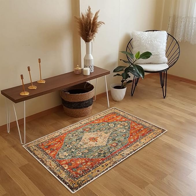 COMSLE Boho Area Rug, 2 x 3 Ft Washable Rugs for Entryway Faux Wool Small Rugs Distressed Throw Rug Non-Slip Floor Carpet for Indoor Bedroom Kitchen Living Room