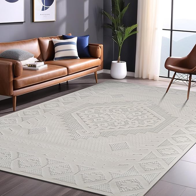 Modern Micro Loop Indoor Area Rugs for Living Room Bedroom Kitchen Geometric Trellis White 6x9 Luxury Durable Low and High Pile Non-Shedding Stain Resistant Soft Area Carpet 6 x 9