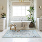 Fame Living Cream Blue Oushak Rug, Modern, Vintage, Turkish, Eclectic, Floral, Pastel, Washable, Oversized, Extra Large Area Rugs for Living Room, Dining, Bedroom, Lounge 9'5"x14'