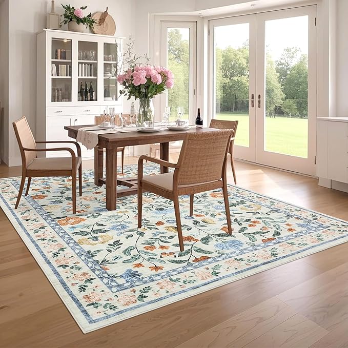 5x7 Washable Non-Slip Rug, Vintage Floral Area Rug for Living Room, Low Pile Farmhouse Distressed Carpet for Nursery Playroom Dorm Teens Office, Green