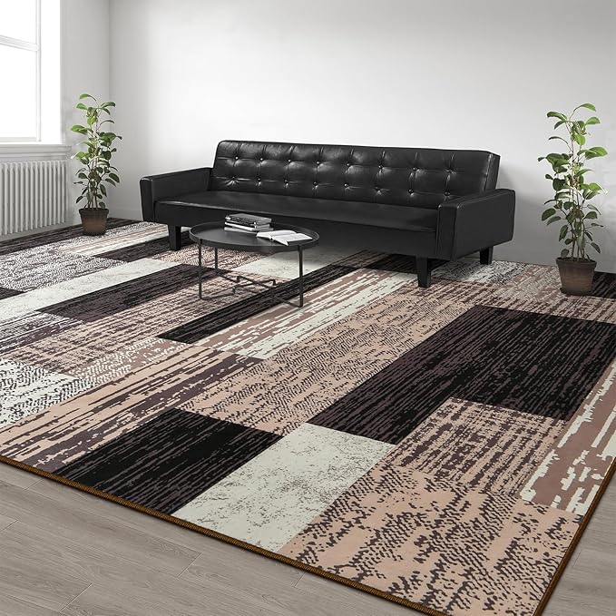 Large Area Rugs,Modern Geometric Patchwork Floor Decor for Bedroom Aesthetic Carpet, Rockwood Collection, Indoor Rugs for Living Room Dining Room Nursery Office Machine Washable Rug, 9x12 Ft Chocolate