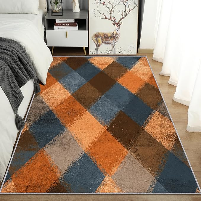 Checkered Geometric Rug, Washable 5x6 Rug for Living Room, Modern Abstract Patterned Indoor Carpet, Checkered Geometric Decor for Home, Bedroom, Soft Non Slip Thin Design FER47