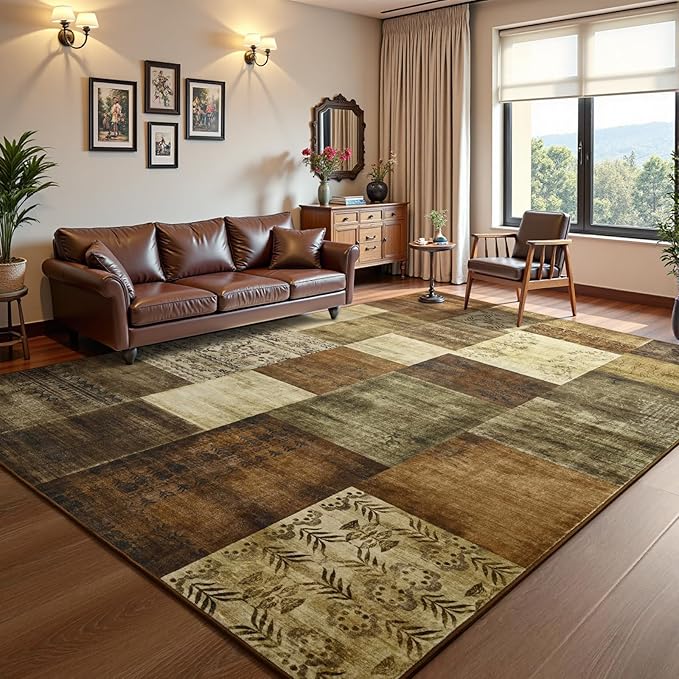 DweIke Washable Area Rugs for Living Room, 6x9 Large Bedroom Rugs, Geometric Print Non Slip Low Pile Indoor Throw Carpets for Bedroom Apartment Dining Room Home Office Hardwood Floor, Brown