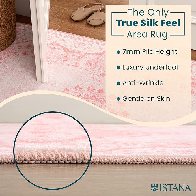 Istana Living Room Rug 10x14 - Pink 10 x 14 Area Rug - Foldable Machine Washable Area Rugs 10x14 - Stylish 10x14 Area Rugs Boho - Stain Resistant Washable Rug 10x14