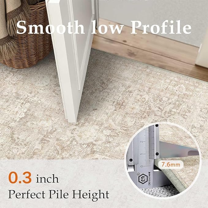 9x12 Beige Area Rug for Living Room Bedroom Neutral Soft Non Slip Rug Low Pile Vintage Distressed Large Carpet for Dining Room Nursery Office Indoor