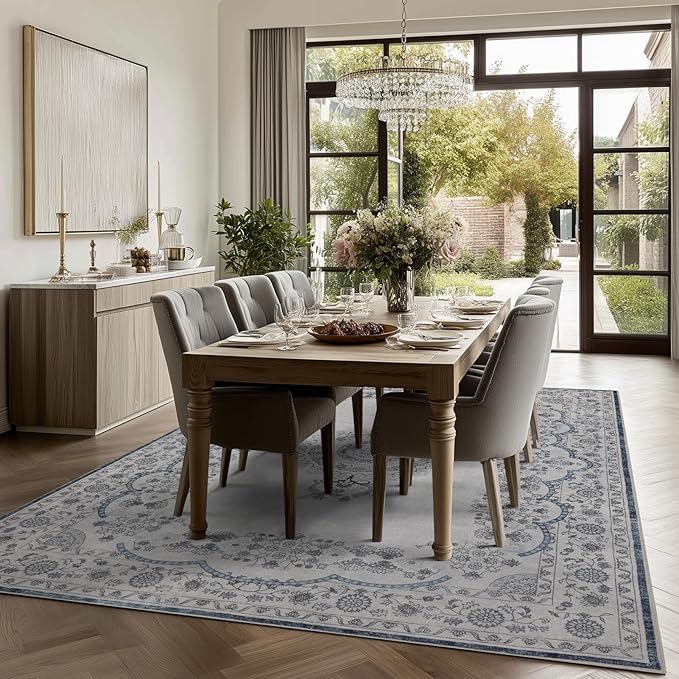 Washable Area Rugs 8x10, Large Rugs for Living Room, Carpet for Bedroom, Soft Faux Wool Retro Dining Room Rug, Non-Slip Backing Resistant Low Pile Vintage Print Rug for Home Office (Grey/Blue)