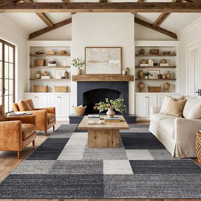 Rugshop Gray Modern Geometric Boxes Non-Slip Area Rug Non-Shedding for Spacious Living Rooms and Open Spaces, 12' x 15'