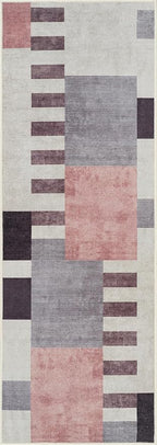 Bloom Rugs Washable Non-Slip 12 ft Runner - Beige/Pink Modern Geometric Runner for Entryway, Hallway, Bathroom, and Kitchen - Exact Size: 2.5' x 12'
