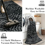 Wonnitar Moroccan Washable Area Rug 5x7, Black Large Rug for Living Room, Non-Slip Boho Bedroom Throw Mat, Low Pile Stain Resistant Geometric Floor Carpet for Dining Table Kitchen Dorm (Black,5'x7')