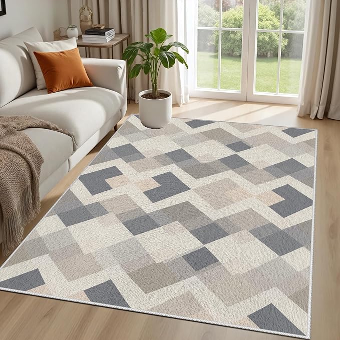 Modern Area Rug Living Room Rugs 6x9, Minimalist Soft Boho Geometric Rug, Non-Slip Washable Low Pile Non Shedding Carpet for Bedroom Office Dining Room Kitchen Nursery, Gray Beige White