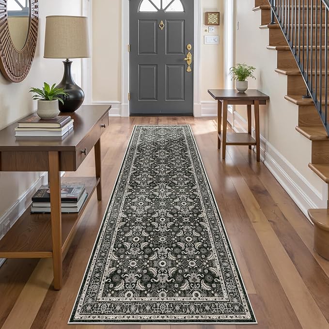 WITSHOCK Living Room Area Rugs 3x10: Soft Non-Slip Backing Washable Rugs Vintage Large Carpet for Bedroom Office Dining Room Kitchen Stain Resistant Home Decor Rug,Black