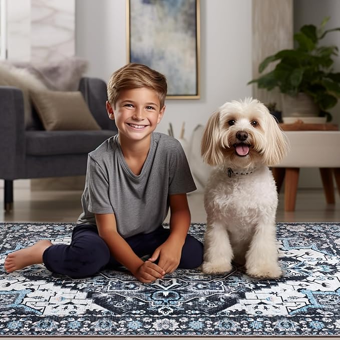 Area Rug for Living Room, 9x12 Machine Washable Non Slip Large Faux Wool Throw Rug, 0.3″ Low Pile & Non-Shedding Boho Large Carpet Rugs for for Dining Room, Bedroom, Office (Black)