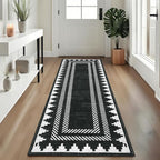 Modern Geometric Bordered 2×6 Non Slip Low Pile Runner Rugs for Kitchen Hallway Modern Stain Resistant Soft Indoor Carpet Foldable Machine Washable Non Shedding Bedroom Dining Room Rug, Black