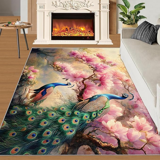 Peacock Magnolia Rug Large - 6x9 Rug, Pink Magnolia Washable Rugs for Living Room, Classic Carpet, Peafowl Non-Slip Area Rugs for Bedroom, Aesthetics Carpet - Peafowl Home Decor & Gifts