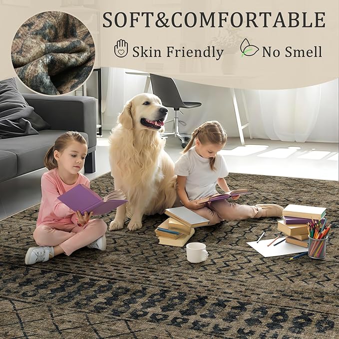 2x8 Machine Washable Runner Rug, Kitchen Hallway Area Rug, Brown Black Vintage Moroccan Rug Ultra Non-Slip Low Pile Soft Faux Wool Carpet, Kids and Pets Friendly for Bedroom Entryway Bedside Decor Rug