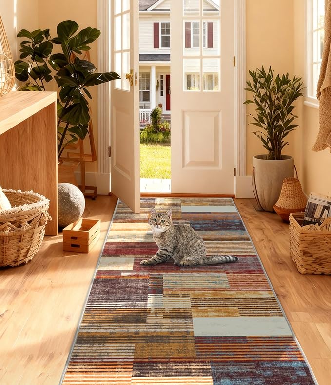 YIHOUSE Brown Runner Rug 2x6 for Hallway, Farmhouse Rugs Washable,Vintage Burgundy Carpets,Burnt Orange Area Rug Non Slip,Geometric Boho Rug for Kitchen