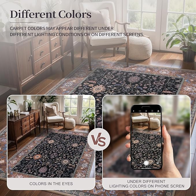 Ciicool Black Area Rugs Washable Non Slip Runner Rug, 2x6ft Hallway Rug Vintage Kitchen Carpet for Entrance Bedroom Laundry Bathroom Decor