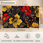 Black Floral Washable Living Room Area Rug, Low Profile Abstract Pattern, Non-Slip Backing Carpet for Kitchen, Bedroom, Dining Room