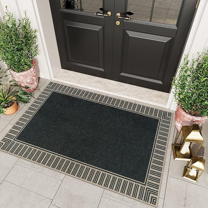 OJIA Easy Jute 3x5 Outdoor Rug Front Door Mats Washable Rugs for Entryway, Striped Border Black Rug Non-Slip Indoor Doormat Outdoor Porch Rug Farmhouse Area Rug for Outside Patio Living Room
