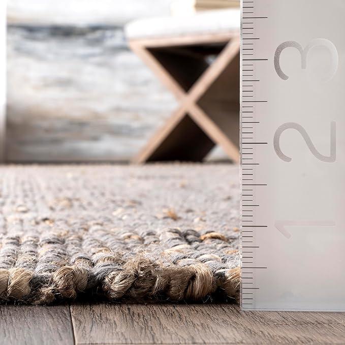 nuLOOM 10x14 Elfriede Jute & Cotton Hand Woven Area Rug, Grey, Solid Rustic Farmhouse Style, Weaved Design, Natural Fiber, For Bedroom, Living Room, Dining Room, Hallway, Office, Entryway