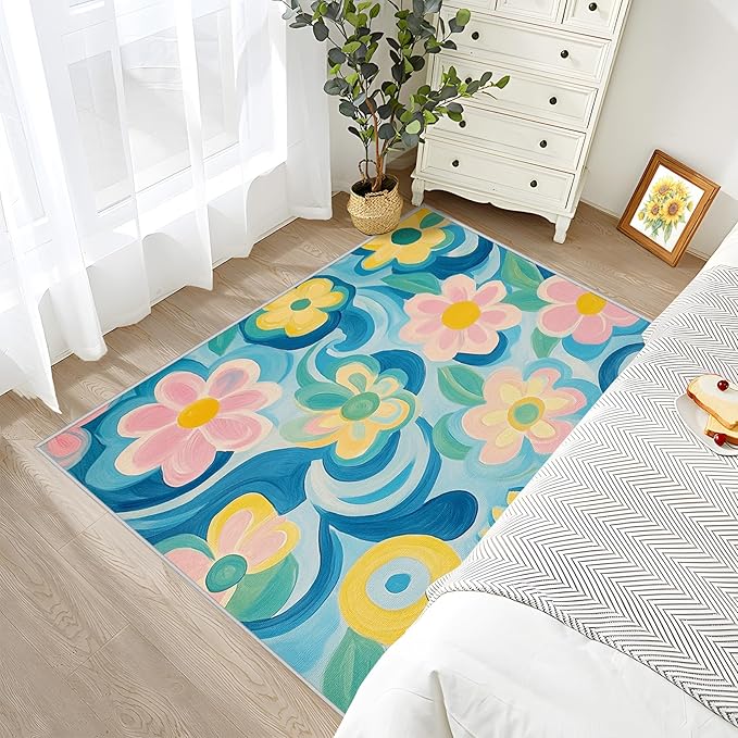 Floral Rugs for Living Room - 5x6ft - Modern Artistic Flower Rug for Bedroom Non Slip Low Pile Machine Washable Area Rugs, Floral Carpets House Decor & Gifts