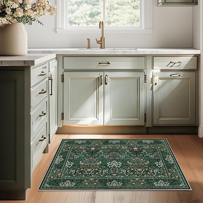 2x3 Floral Washable Area Rugs for Living Room, Vintage Boho Rug for Bedroom Dining Room， Distressed Botanical Birds Non Slip Low Pile Forest Animal Throw Carpet for Farmhouse Office, Bright Green
