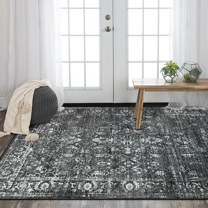 Morebes Washable Black 5x7 Area Rugs for Bedroom Non-Slip, Vintage Floral Rugs for Living Room, Soft Distressed Indoor Floor Retro Boho Throw Carpet for Dorm Playroom Home Office Foyer