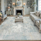 10x14 Area Rug Blue Cream Abstract Living Room Bedroom Washable Carpet Neutral Modern Non-Slip Soft Low Pile Lightweight Vacuumable Large Throw Rug for Dining Room
