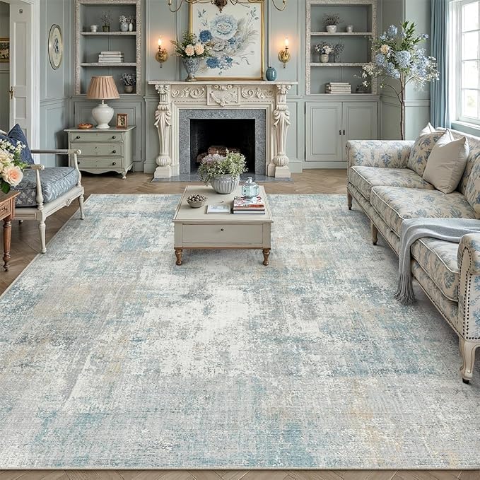 10x14 Area Rug Blue Cream Abstract Living Room Bedroom Washable Carpet Neutral Modern Non-Slip Soft Low Pile Lightweight Vacuumable Large Throw Rug for Dining Room