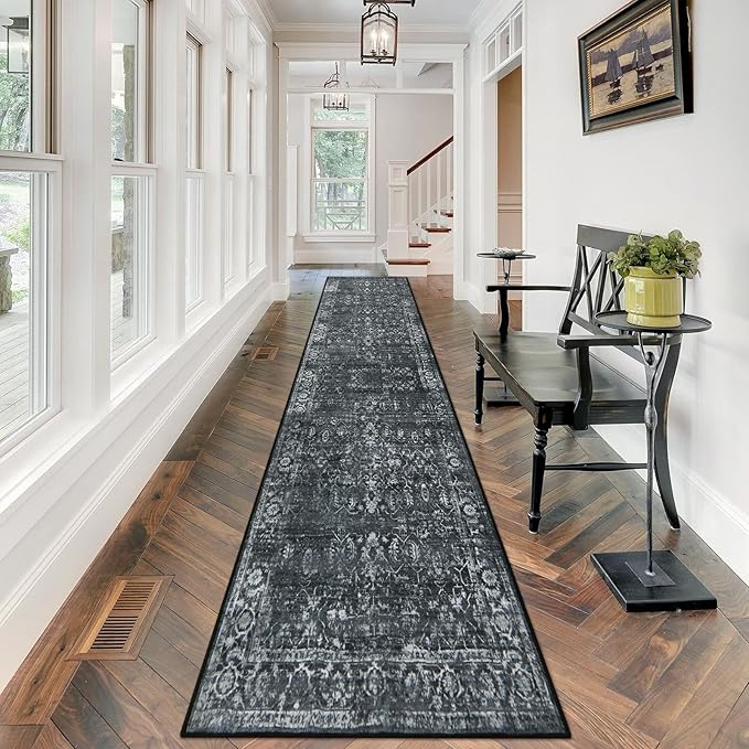 Morebes Black Vintage Carpet Runners for Hallway 12ft,Washable Long Runner Rug for Kitchen Indoor Floor Non-Slip,Distressed Super Soft Throw Carpet for Entryway Bathroom Dining Room Playroom
